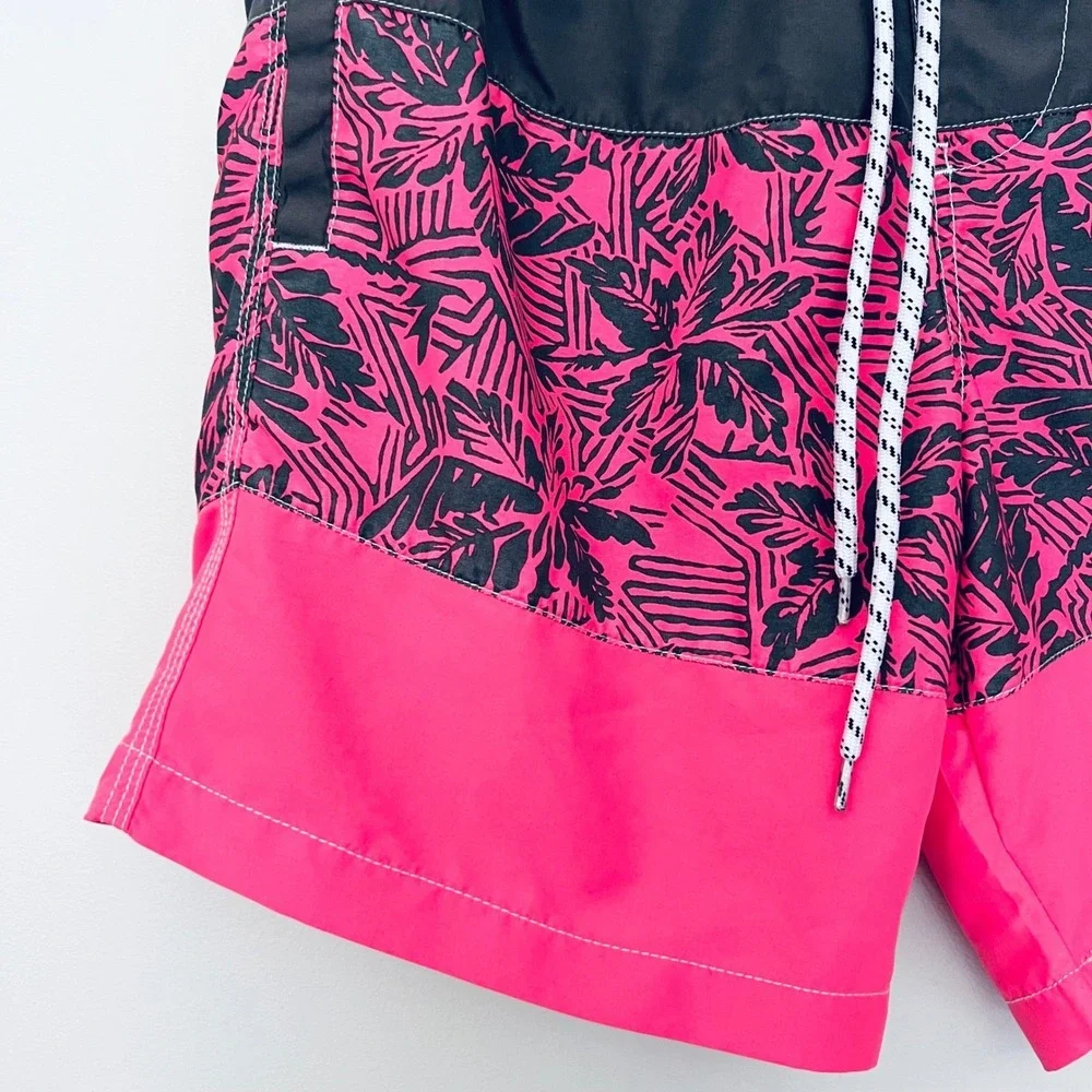 Mens Colorblock Tropical Palm Swim Trunks‎ Neon Pink Charcoal Board Shorts M